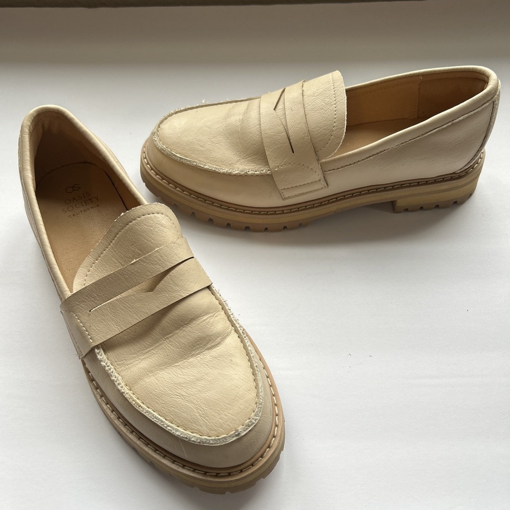 Oasis‎ Society California Penny Loafers Cream Beige Slip On Chunky Round Toe 7.5